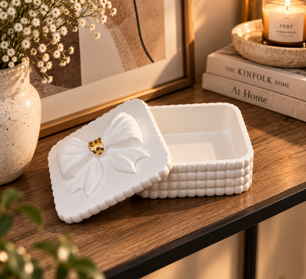 Bow Trinket Box with Gold Leaf Accent | Jewelry Container