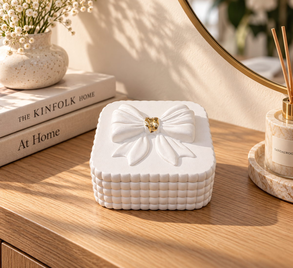 Bow Trinket Box with Gold Leaf Accent | Jewelry Container