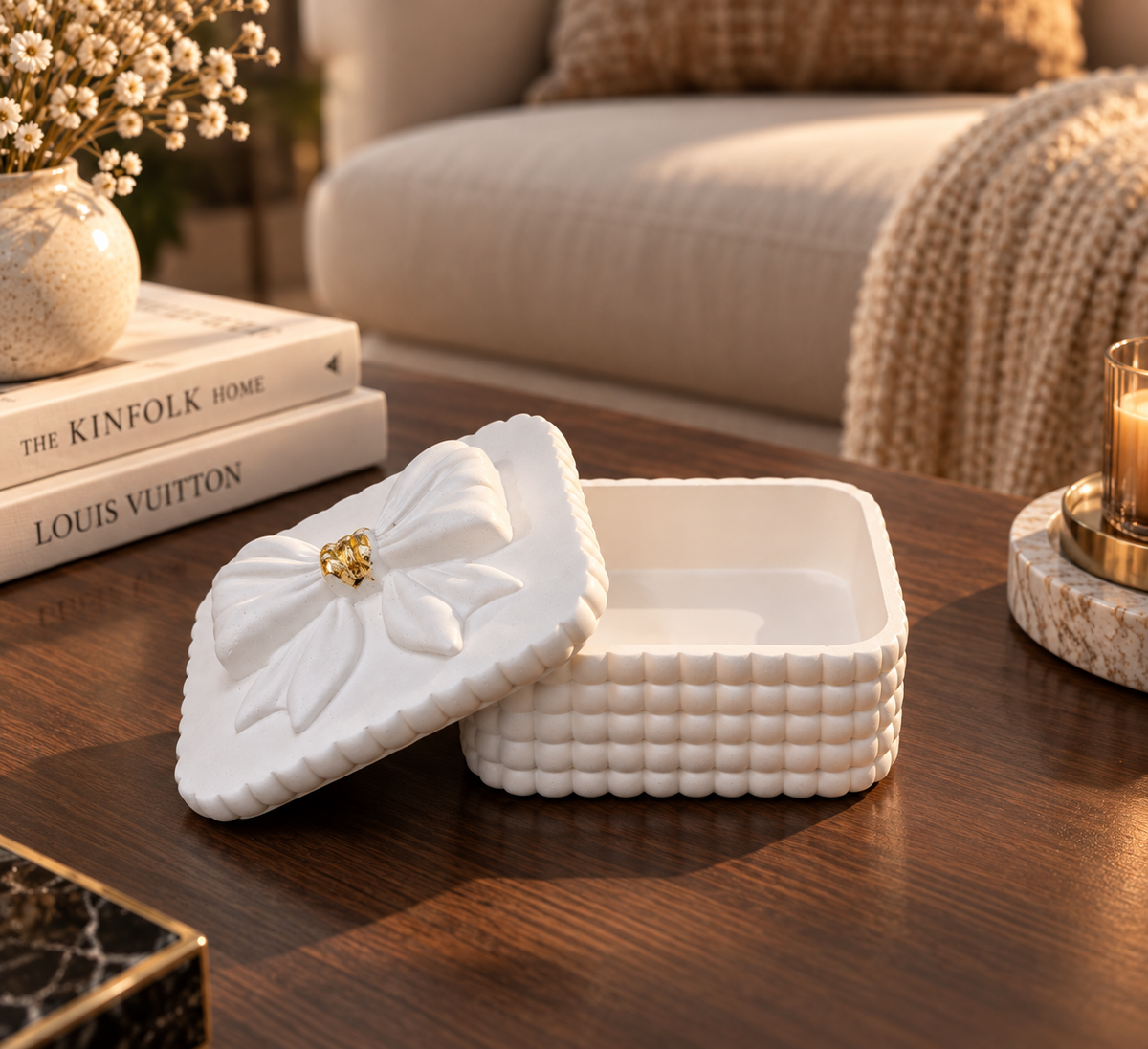 Bow Trinket Box with Gold Leaf Accent | Jewelry Container