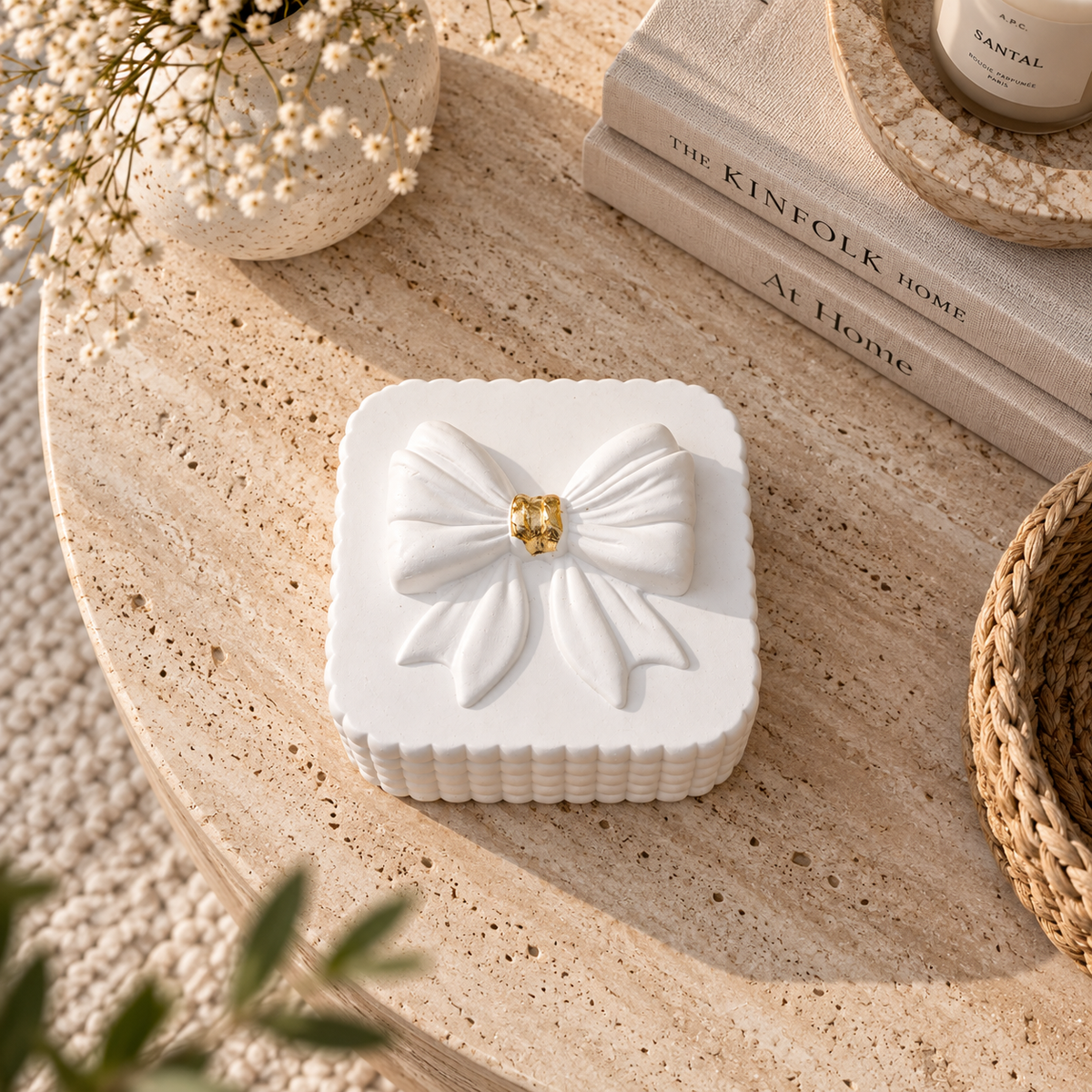 Bow Trinket Box with Gold Leaf Accent | Jewelry Container