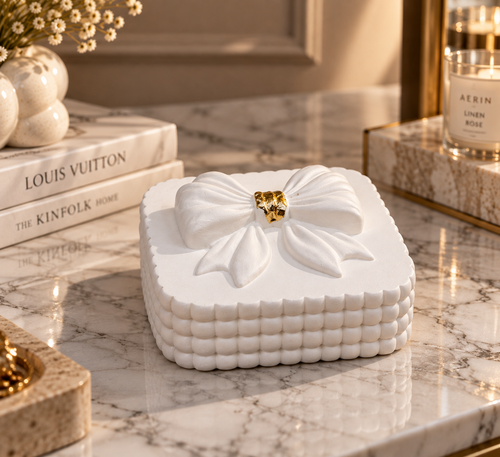 Bow Trinket Box with Gold Leaf Accent | Jewelry Container