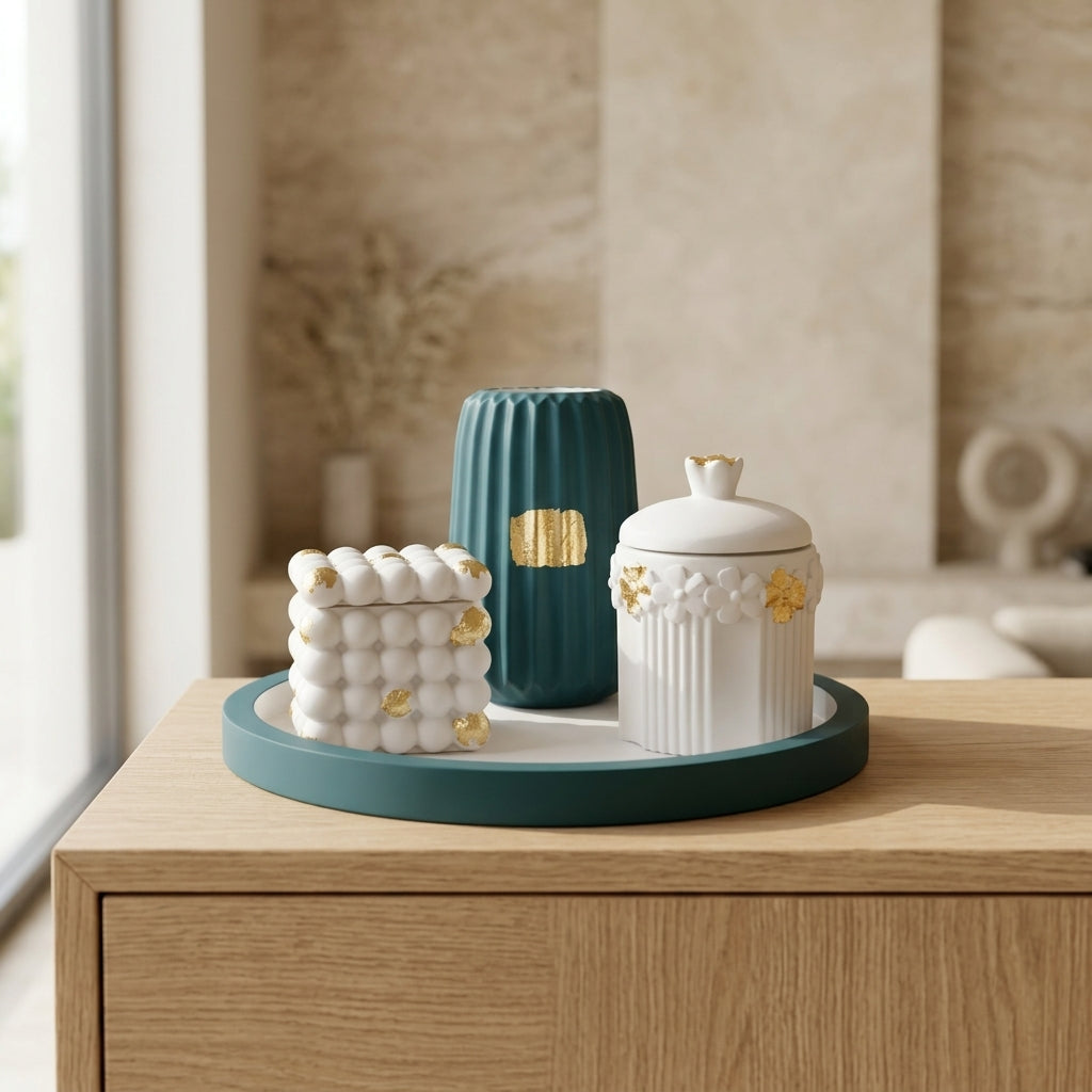 Handcrafted Teal Decorative Jar Tray 4-Set