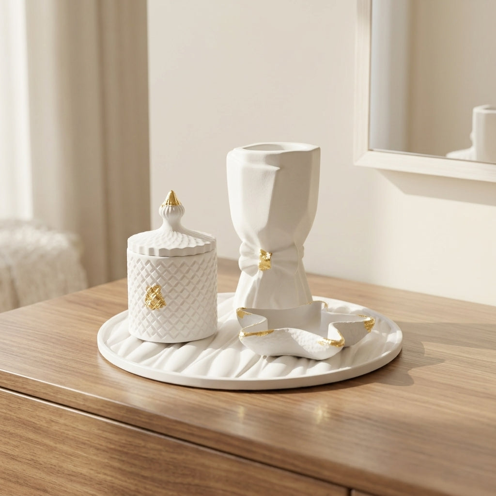 Handcrafted All-White Decorative Jar Tray 4-Set