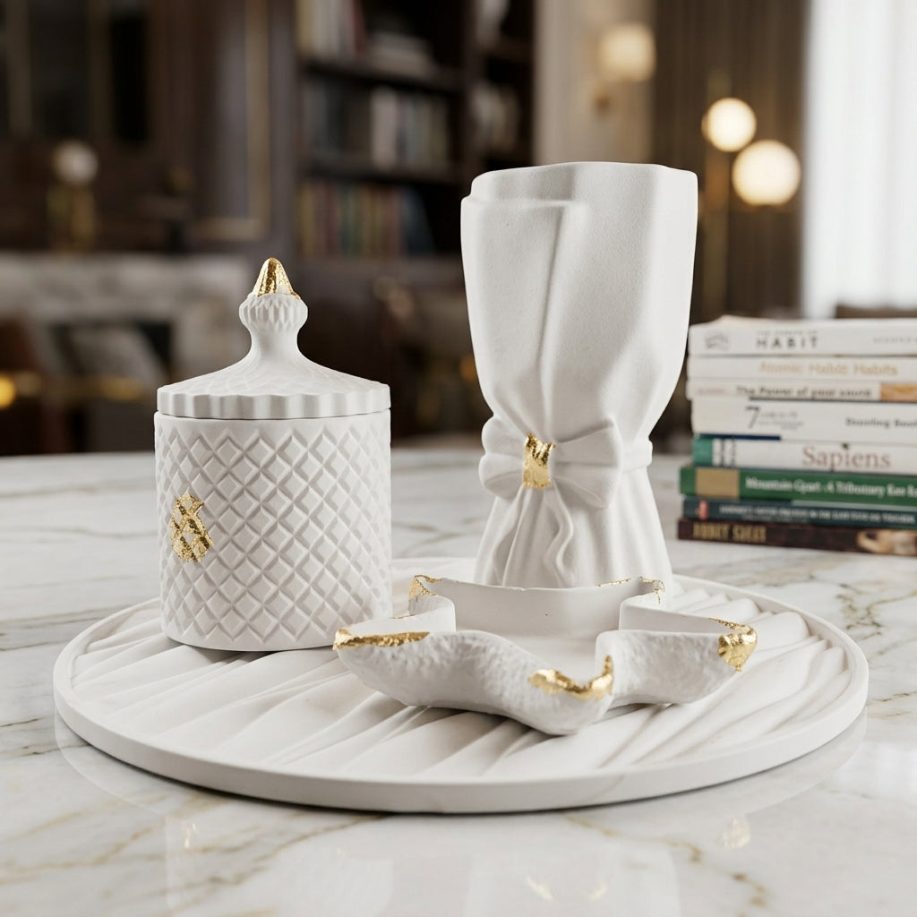 Handcrafted All-White Decorative Jar Tray 4-Set