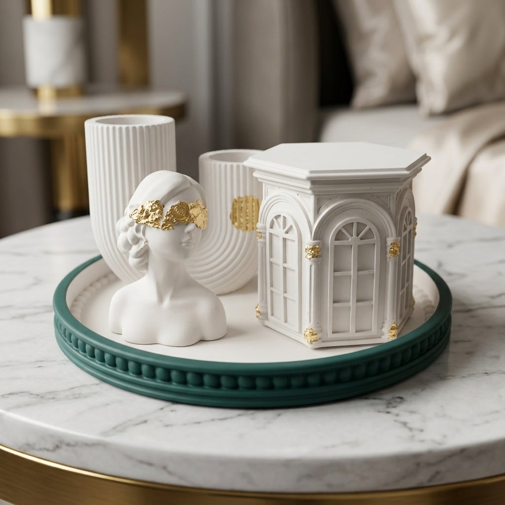 Handcrafted Architectural White & Teal Tray 4-Set