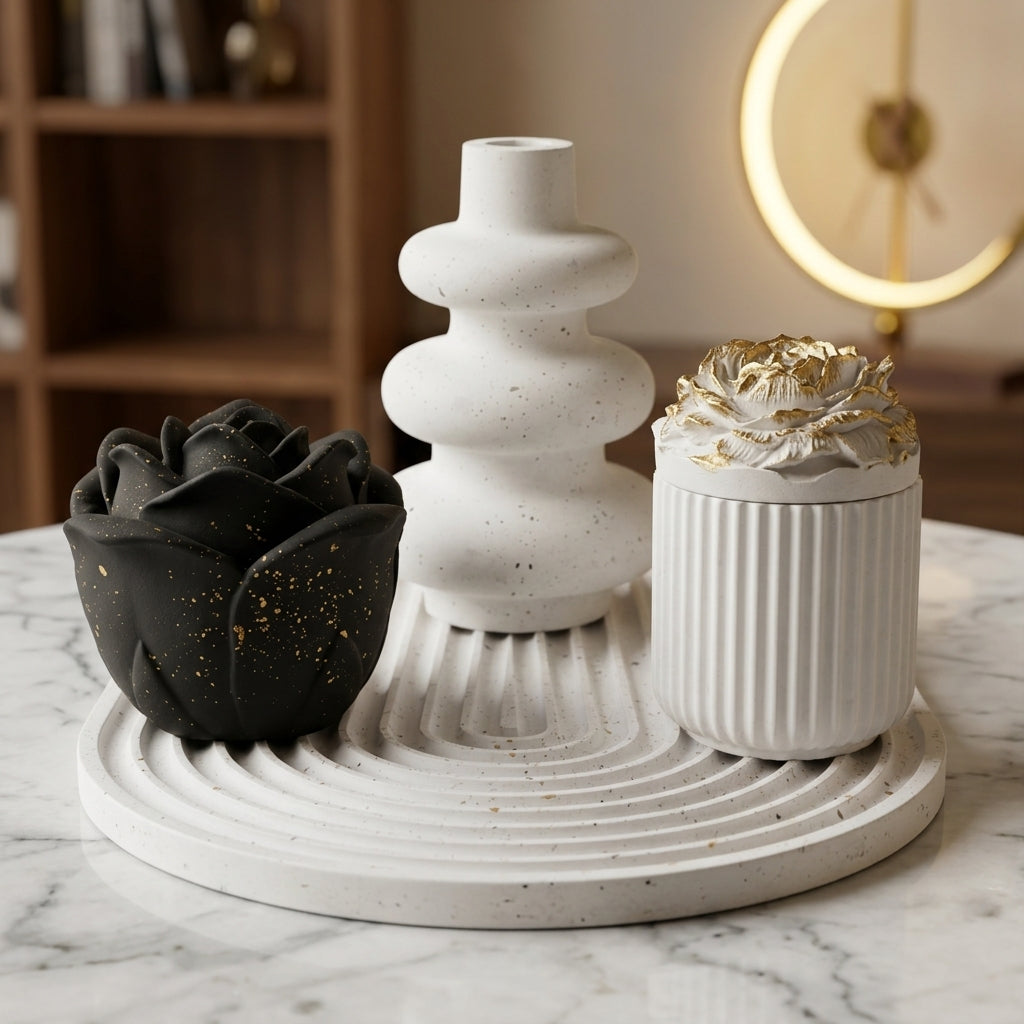 Handcrafted Textured Black and White Decorative Tray 4-Set