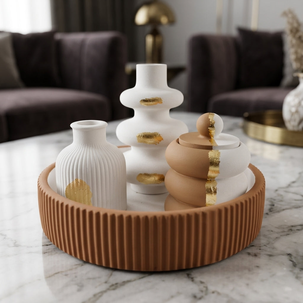 Handcrafted Terracotta and White Decorative Tray 4-Set