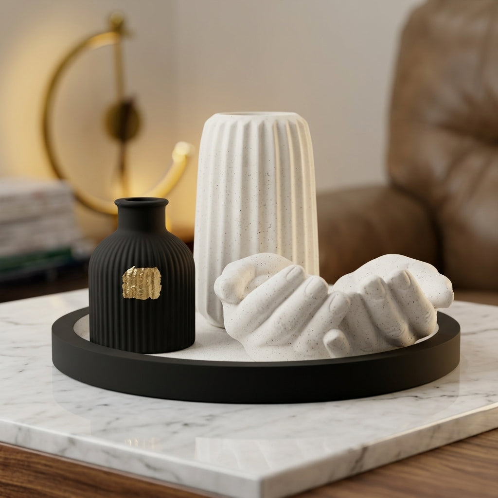 Handcrafted Monochrome Tray 4-Set with Sculpted Hands