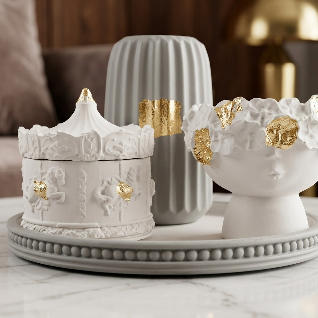 Handcrafted Grey and White Decorative Tray 4-Set