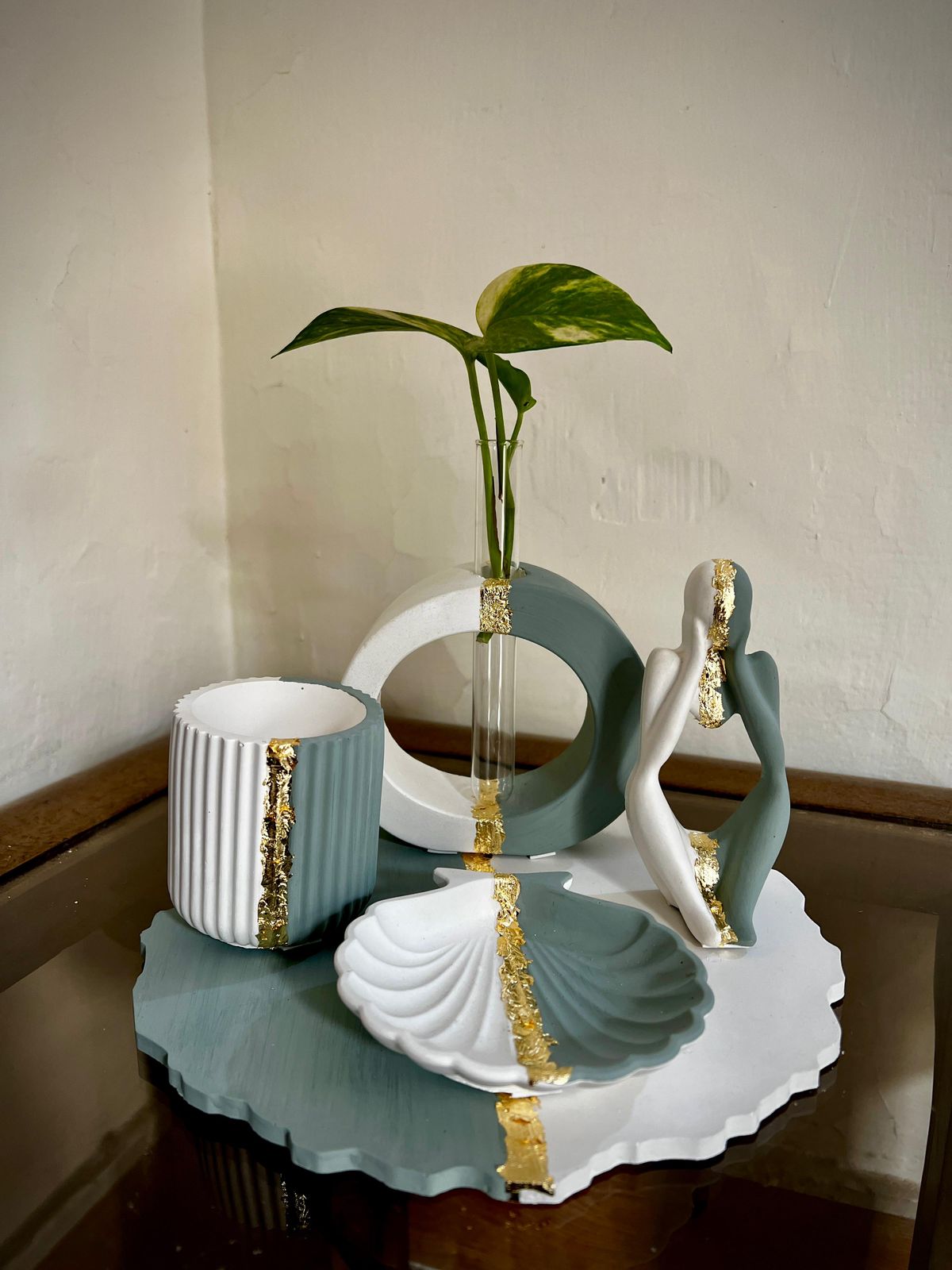 Sage Green & White with Gold Detailing (set of 5)